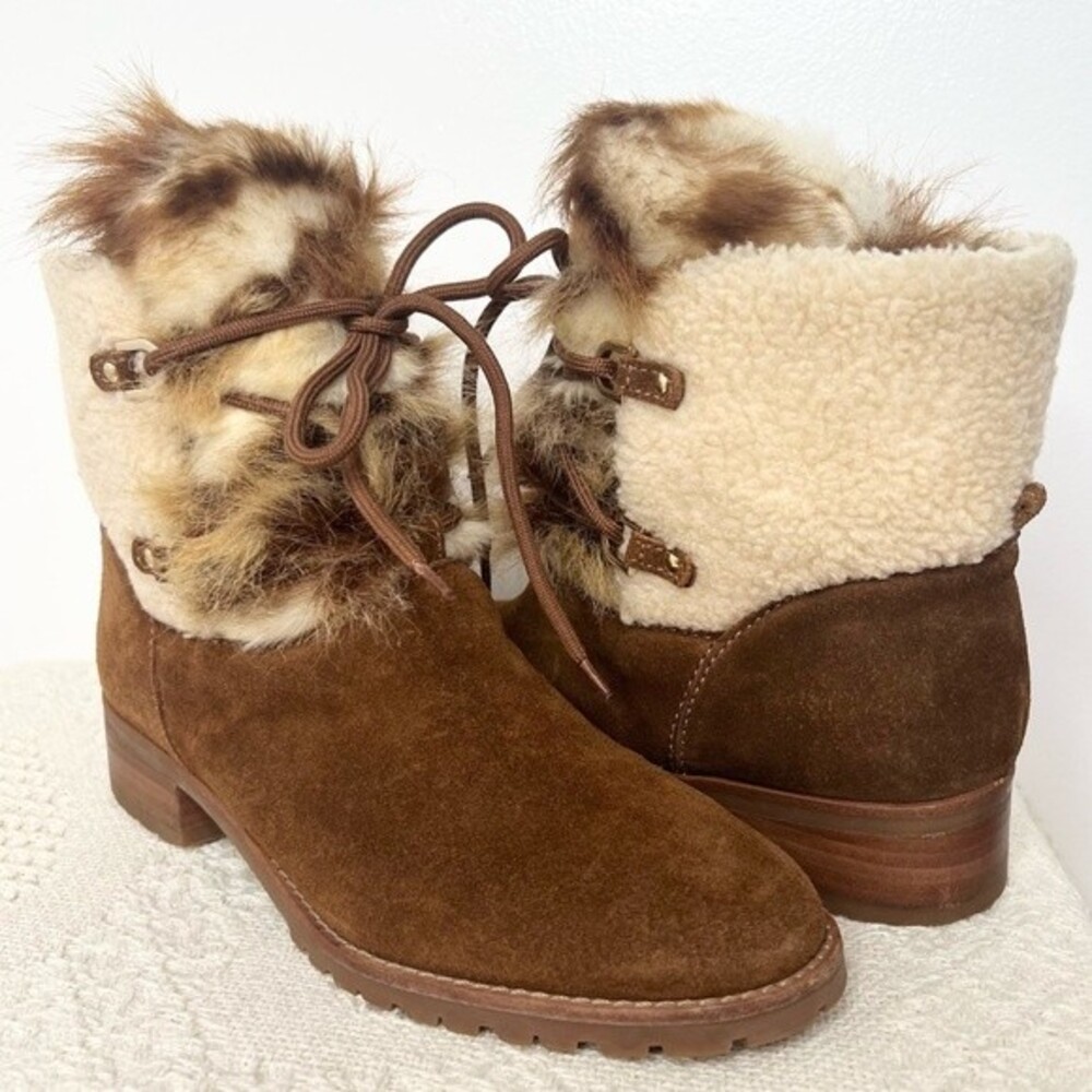 Talbots Tan Suede Tish Hiking Ankle Boots Lace Up Faux Fur Shearling Cuff 8.5